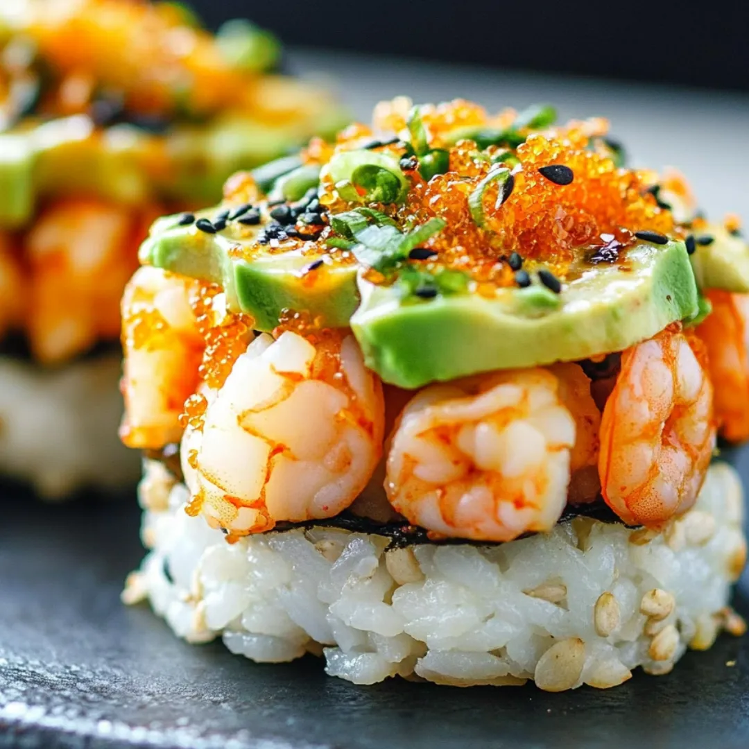 Sushi with shrimp, avocado, and black sesame seeds.