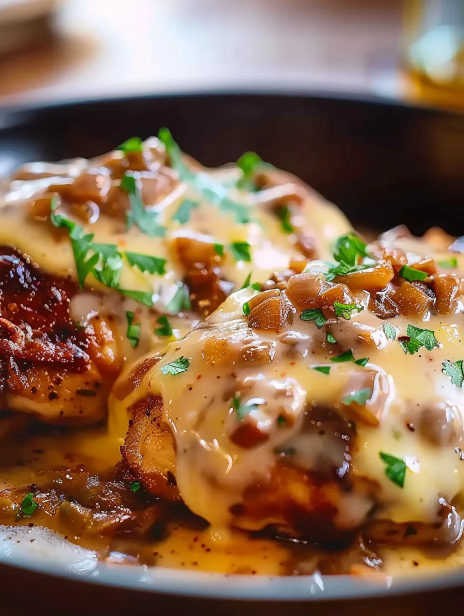 Un plato de pollo bañado con cebollas y queso.