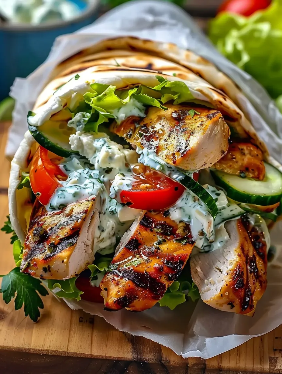 Un gyro con pollo, tomates, pepinos y feta.