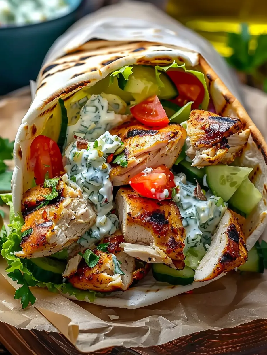Un gyro con pollo, tomates, pepinos y queso feta.