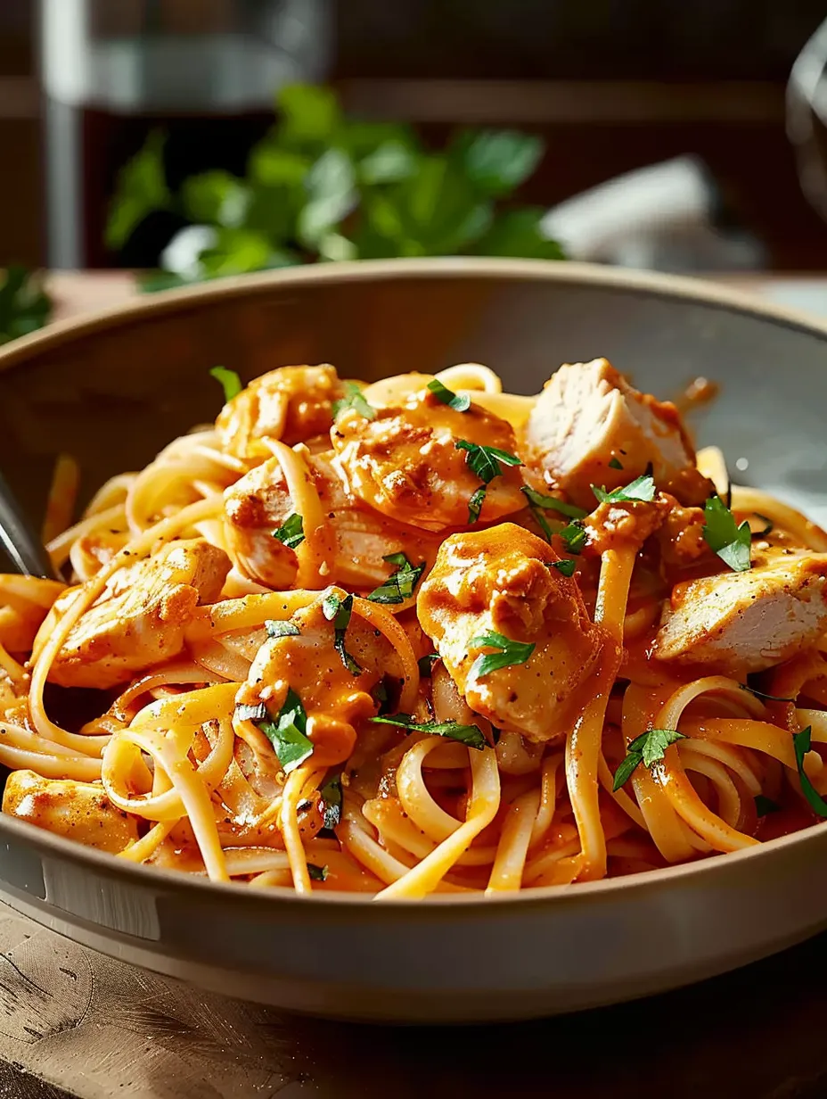 Un tazón de pasta con pollo y salsa.