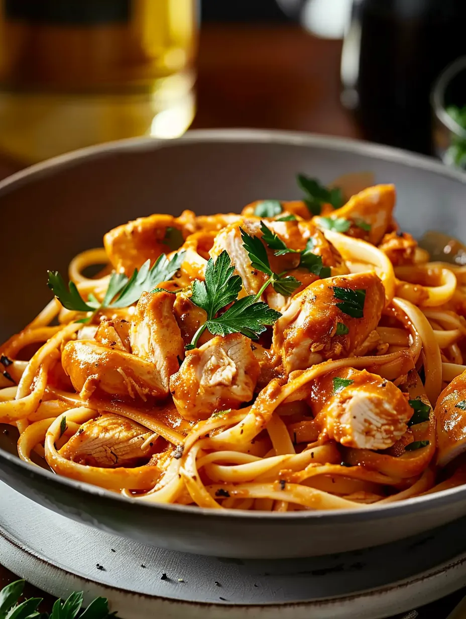 Un tazón de pollo con pasta.