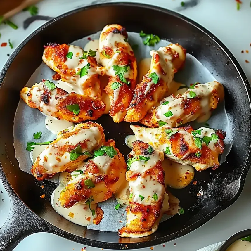 Una sartén con tortillas de pollo al ajo.