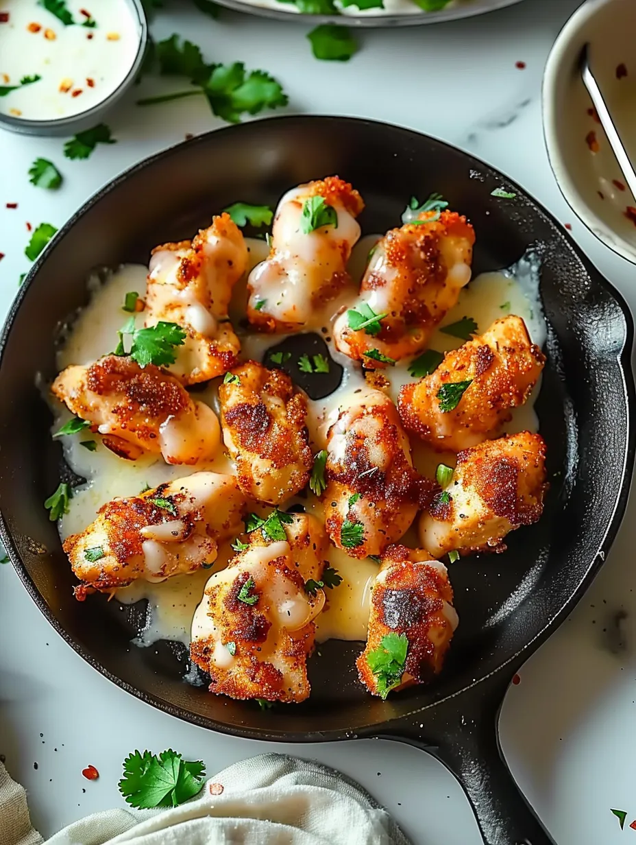 Una sartén de pollo al ajo con queso.