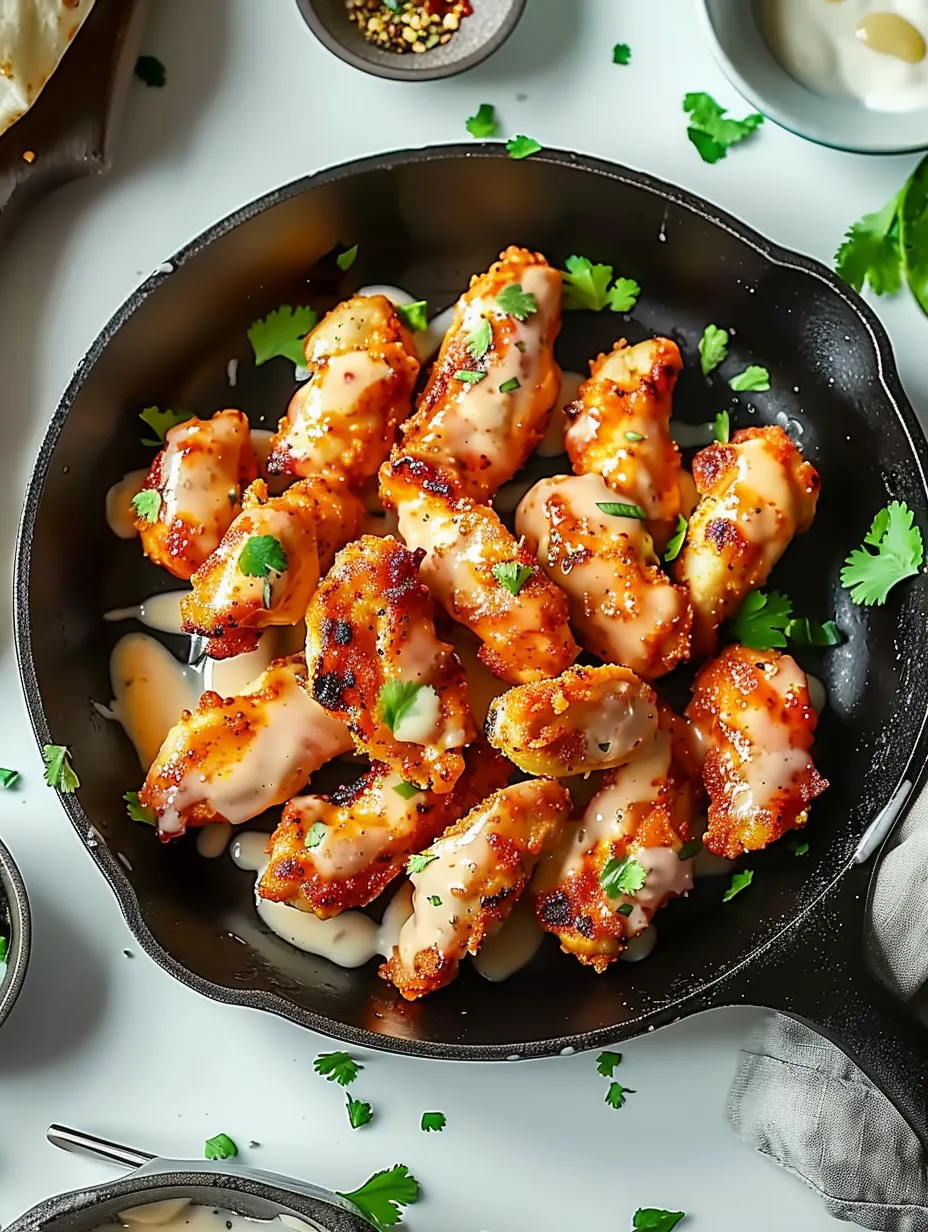 Una sartén con wraps de pollo al ajo con queso.