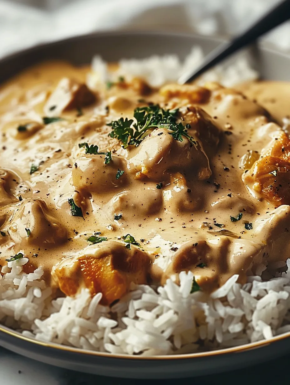 Un tazón de pollo cremoso con arroz.