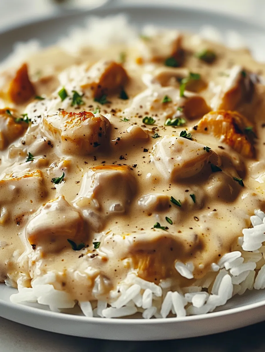 Un plato de pollo cremoso con arroz.