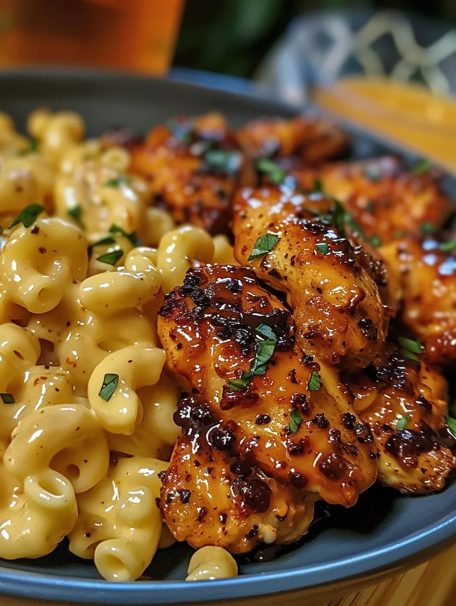 Un plato de pollo con miel y pimienta picante con macarrones con queso.