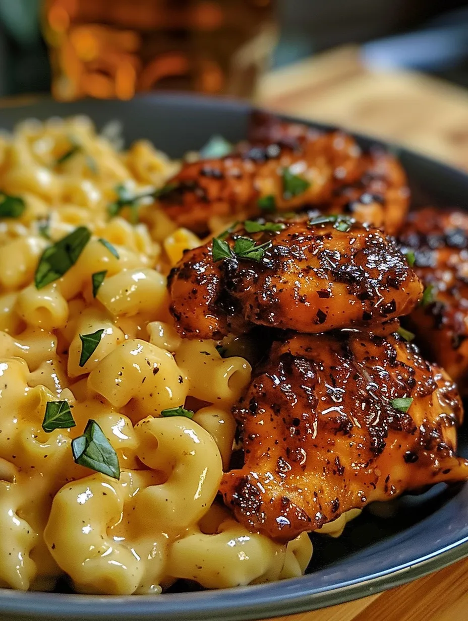 Un plato de pollo con miel y pimienta picante con macarrones con queso.