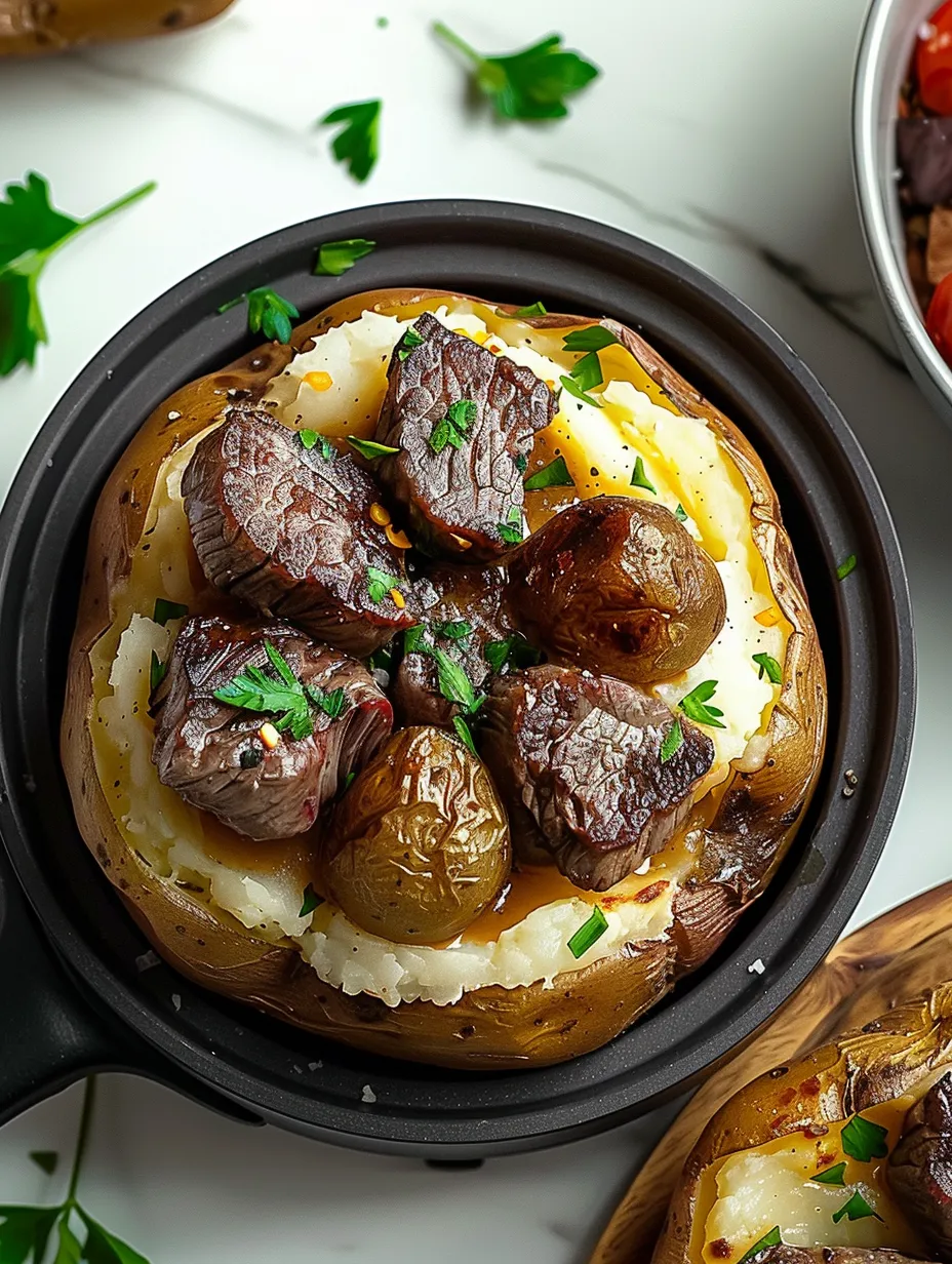 Una papa al horno cargada con bistec.