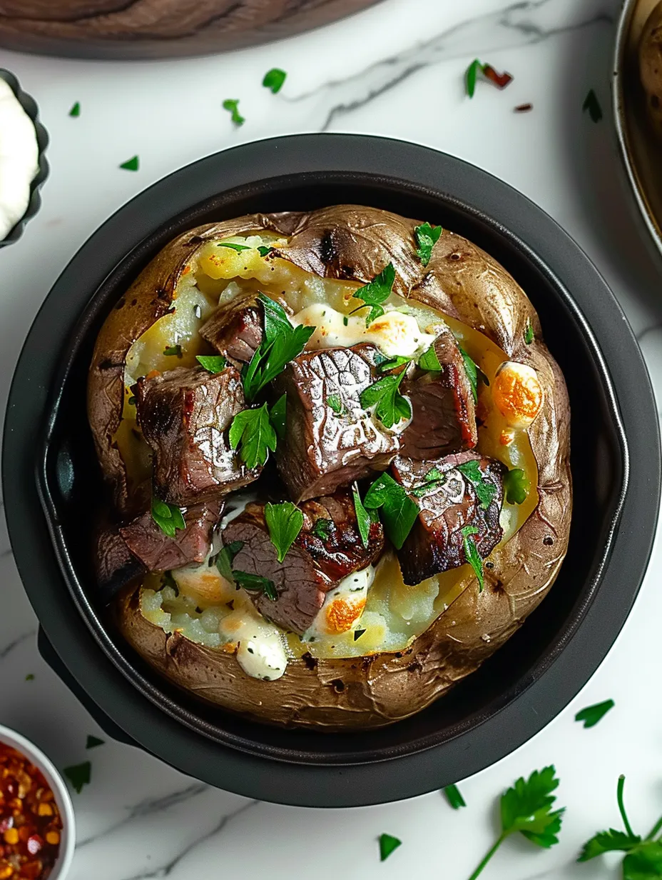 Una papa al horno cargada con trozos de bistec.
