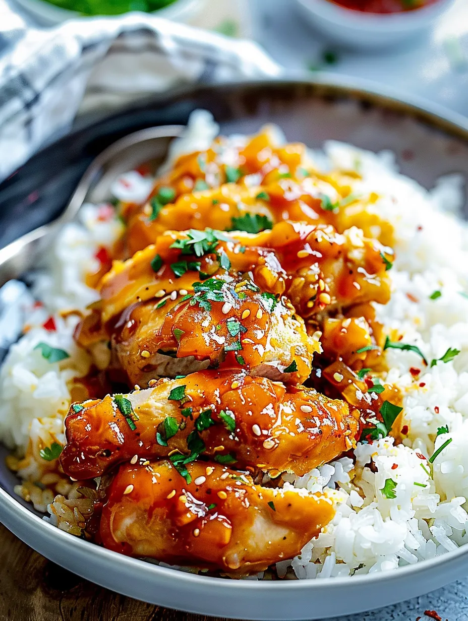 Un plato de arroz con pollo y salsa.