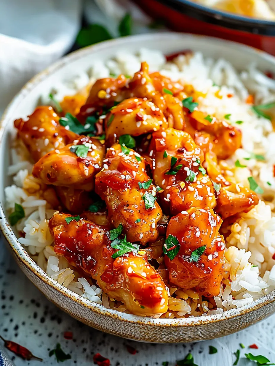 Un tazón de arroz con pollo y salsa.