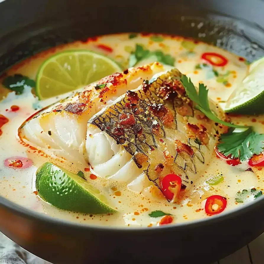 Un tazón de sopa con pescado y lima.