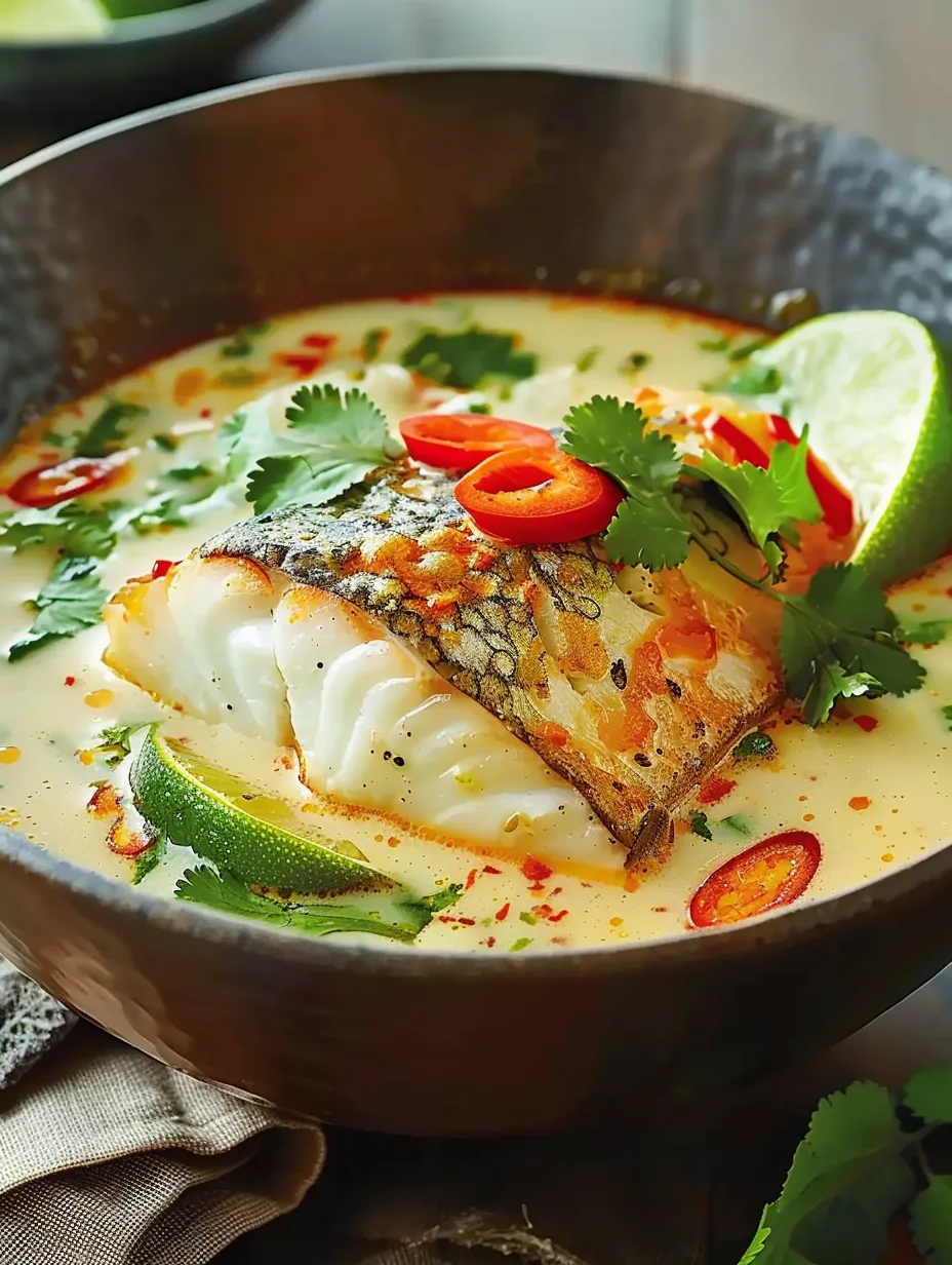 Sencillo tazón de sopa con pescado y lima.