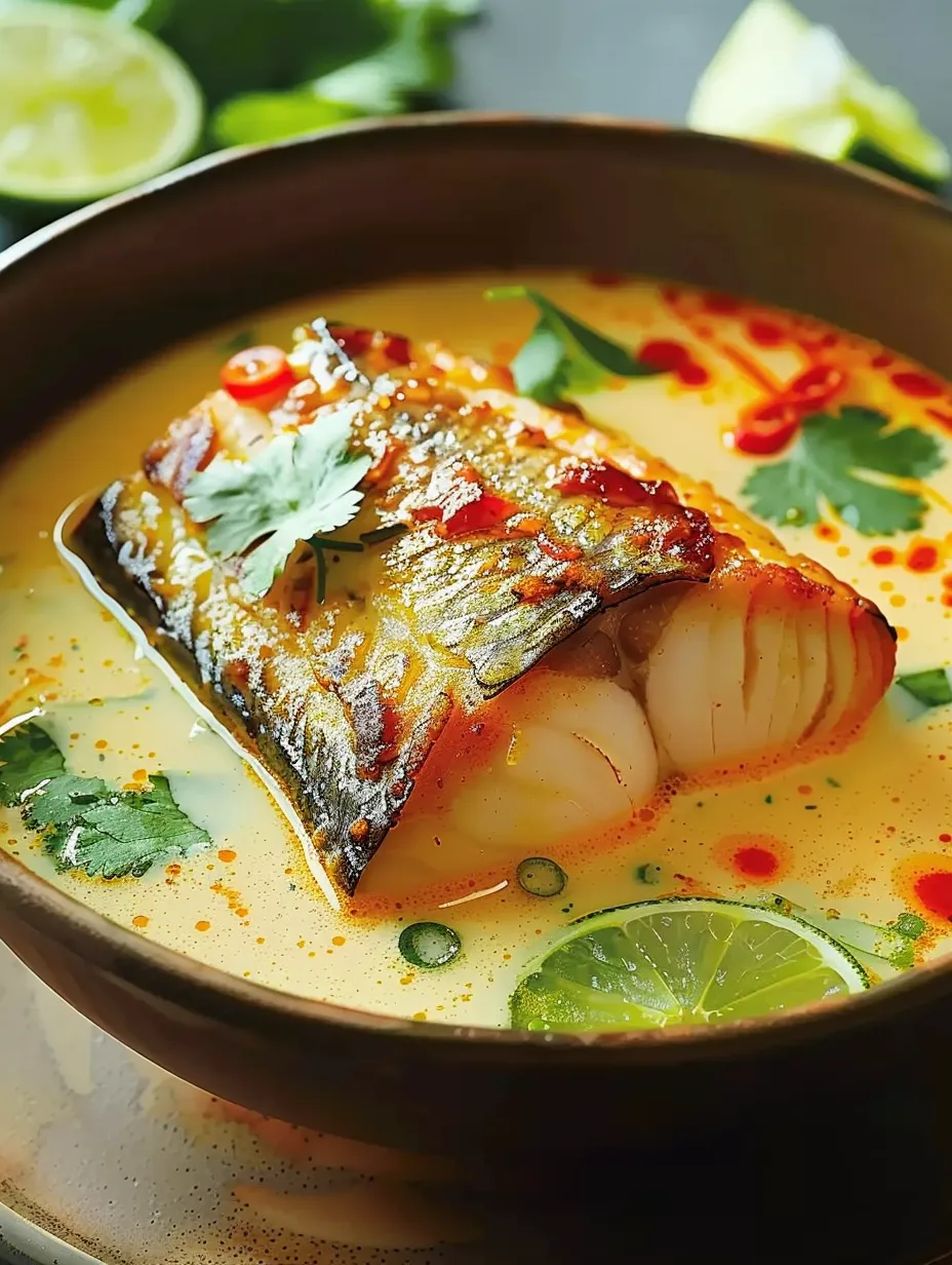 Un tazón de sopa con pescado y lima.