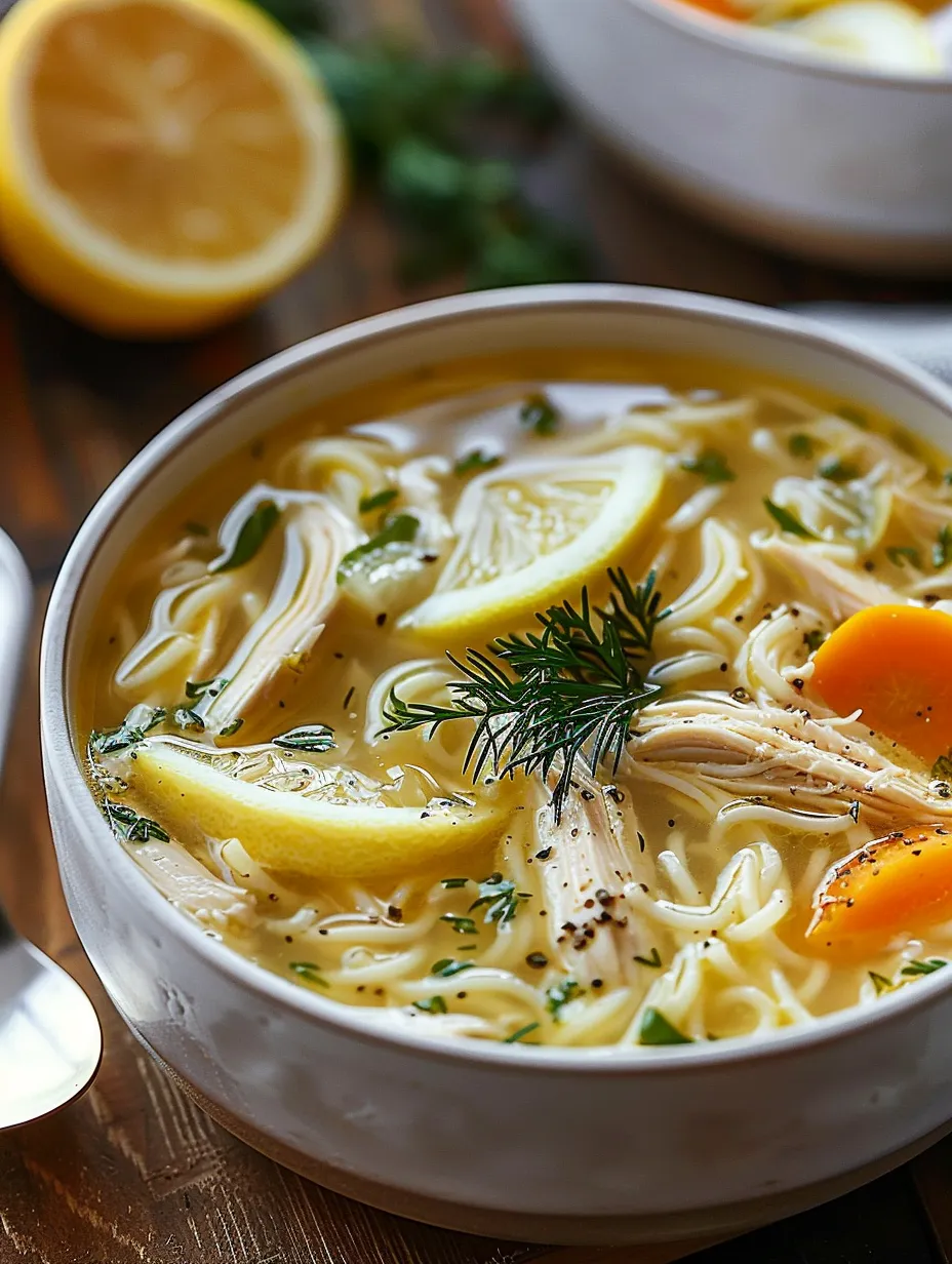Un bol de sopa con limón y hierbas.