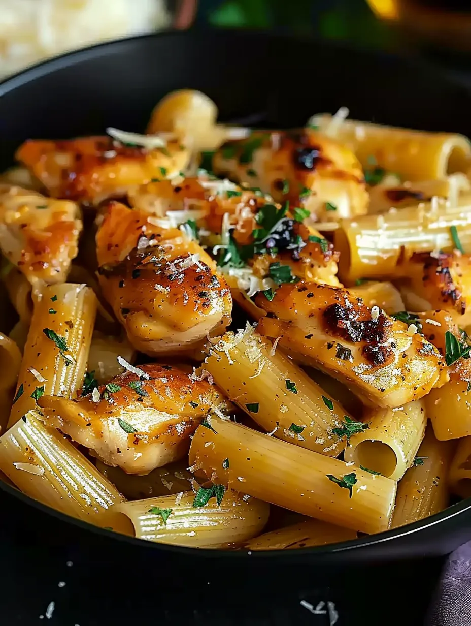 Un plato de pollo y pasta con mantequilla de ajo.