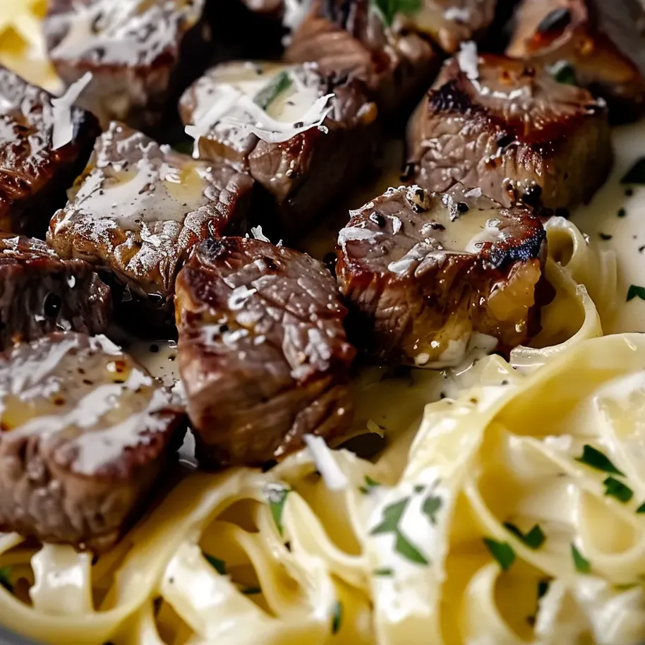 Un plato de trozos de bistec al ajo y pasta cremosa al parmesano.
