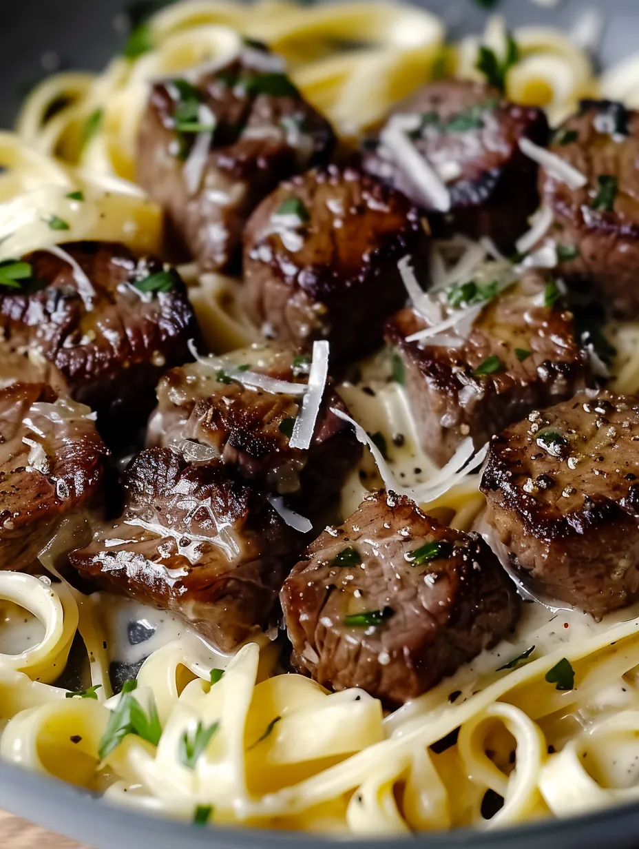 Un plato de trocitos de carne con mantequilla de ajo y pasta cremosa al parmesano.