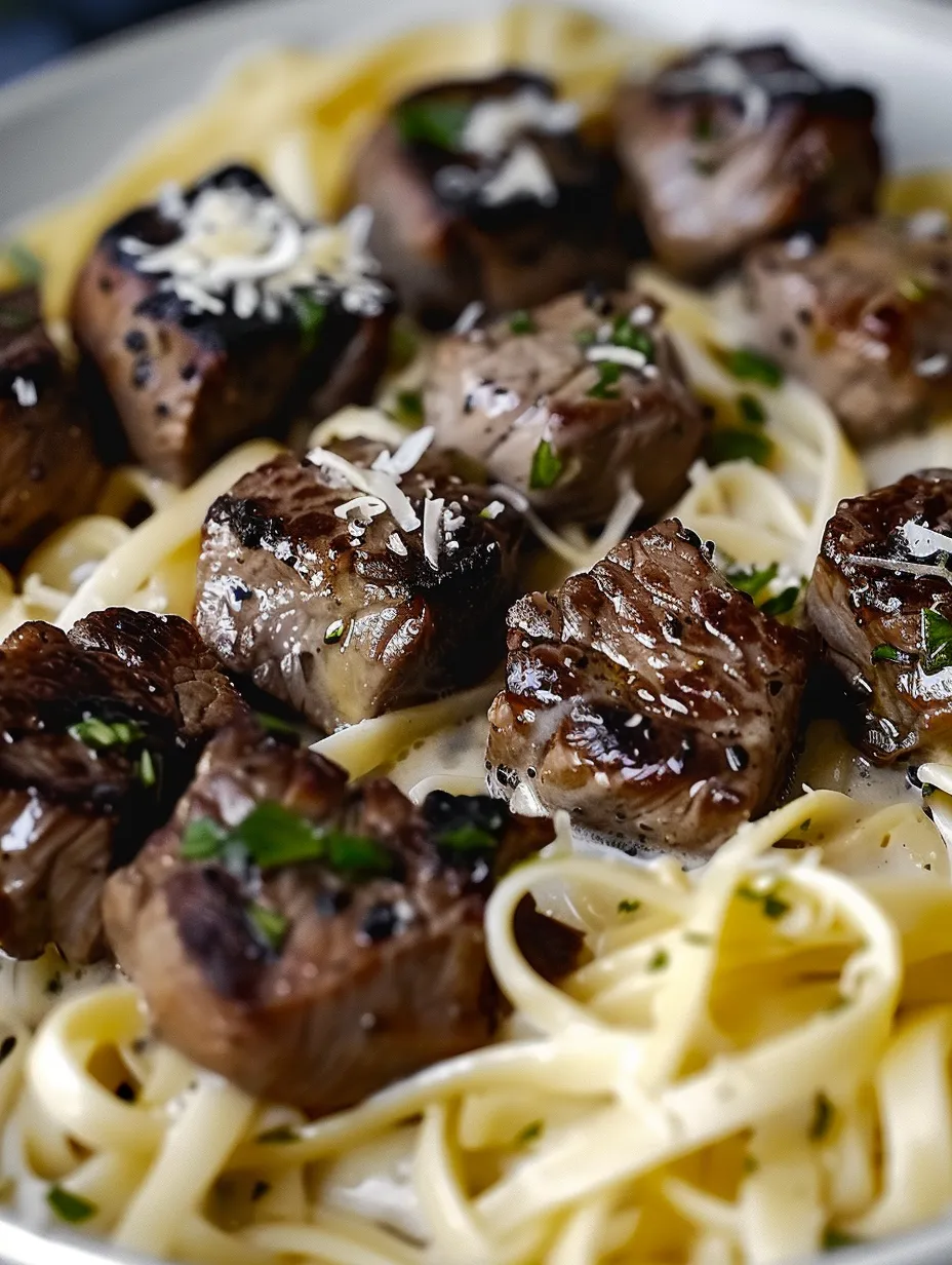 Trocitos de carne con mantequilla de ajo y pasta cremosa al parmesano.