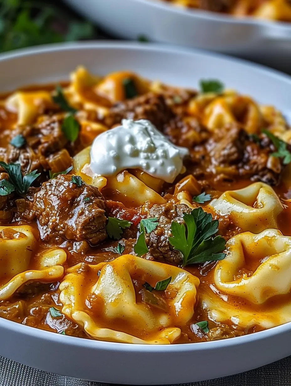 Un tazón de tortellini con carne y queso estilo enchilada.