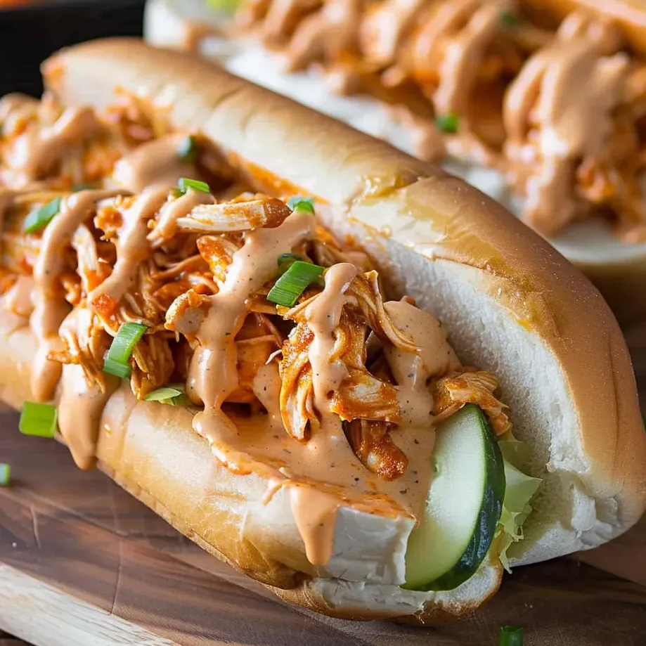 Un sandwich de pollo buffalo sobre una mesa de madera.