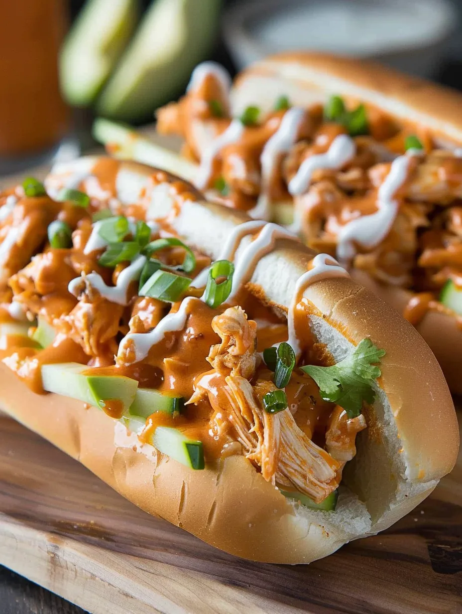 Un sándwich de pollo buffalo con queso acompañado de pepino.