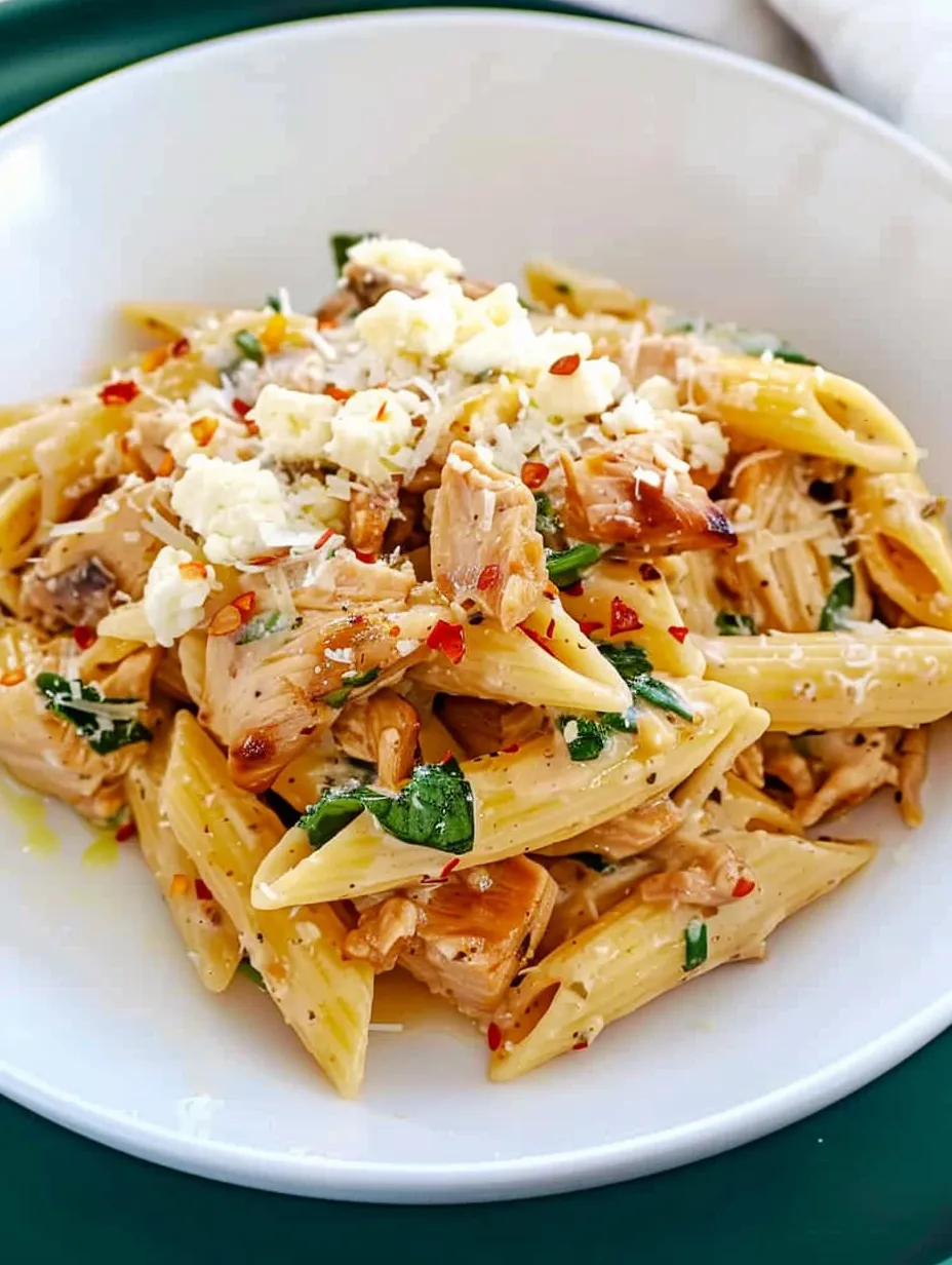 Un plato de pasta de pollo toscano con queso cottage.