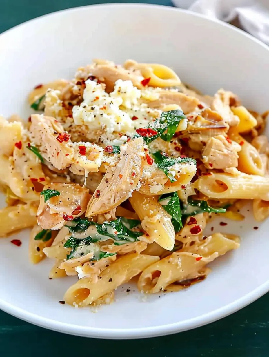 Un bol de pasta con pollo y queso cottage.