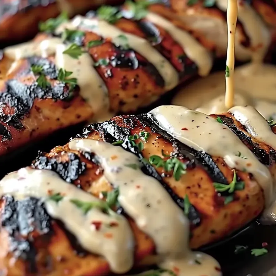 Pollo asado con salsa blanca.
