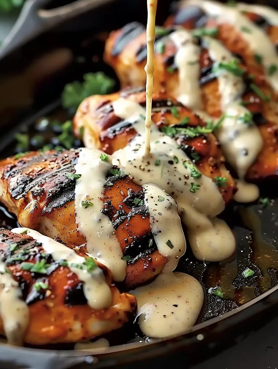 Pollo a la parrilla con salsa blanca.
