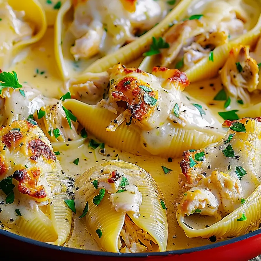 Un plato de conchas rellenas de pollo alfredo con mantequilla de ajo.