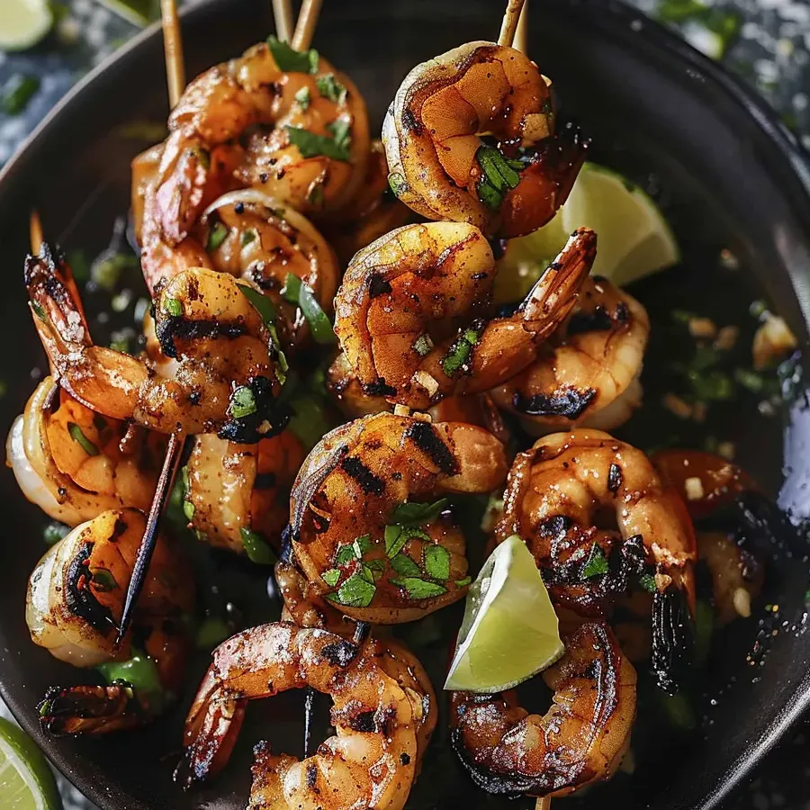 Un plato de brochetas de camarones asados con limas.