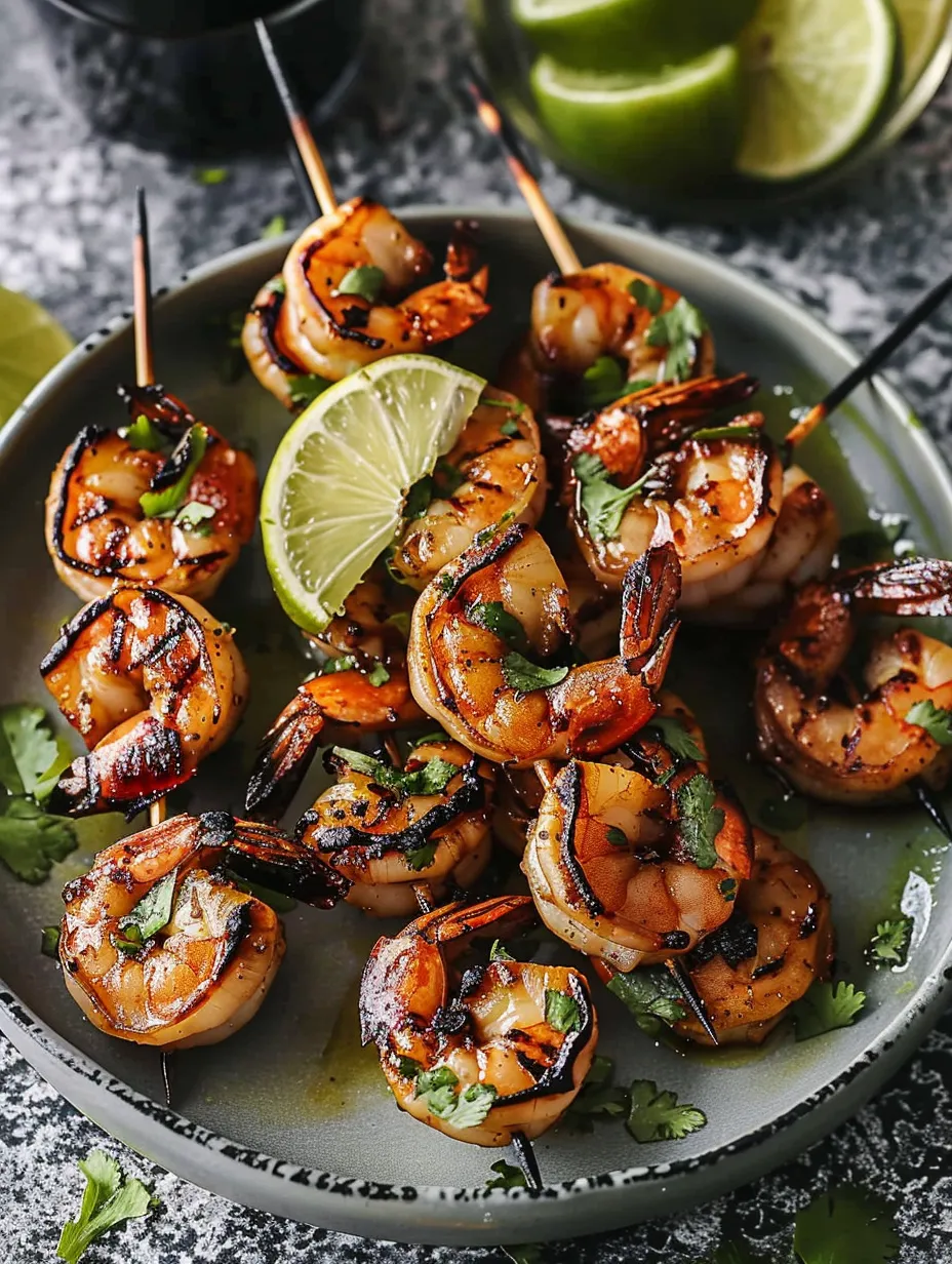 Un plato de pinchos de camarones a la parrilla con limas.