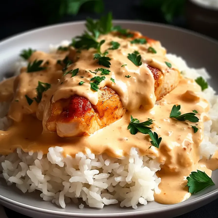 Un plato de arroz y pollo cubierto con salsa cremosa.