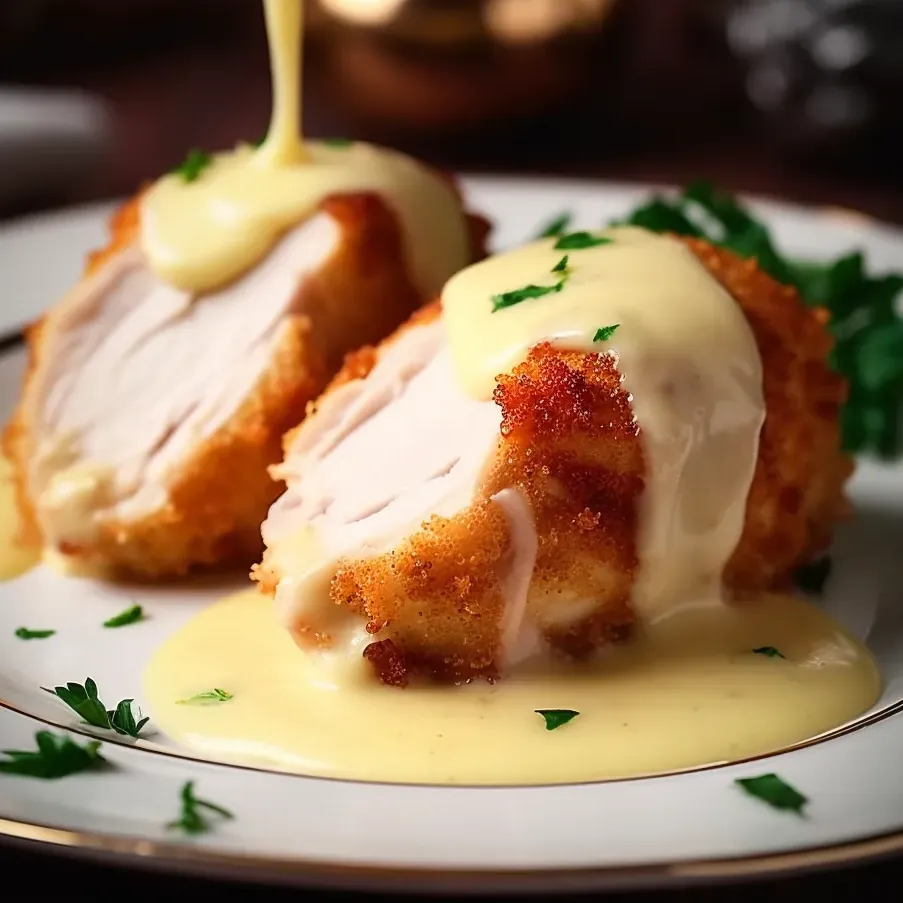 Un plato de pollo relleno con salsa de queso suizo.
