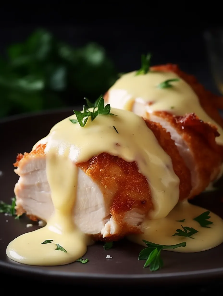 Pollo Cordon Bleu con Salsa de Queso Suizo.
