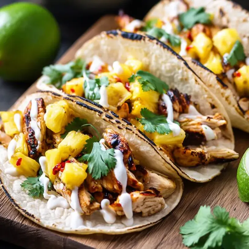 Tres tacos con coberturas de piña y pollo.