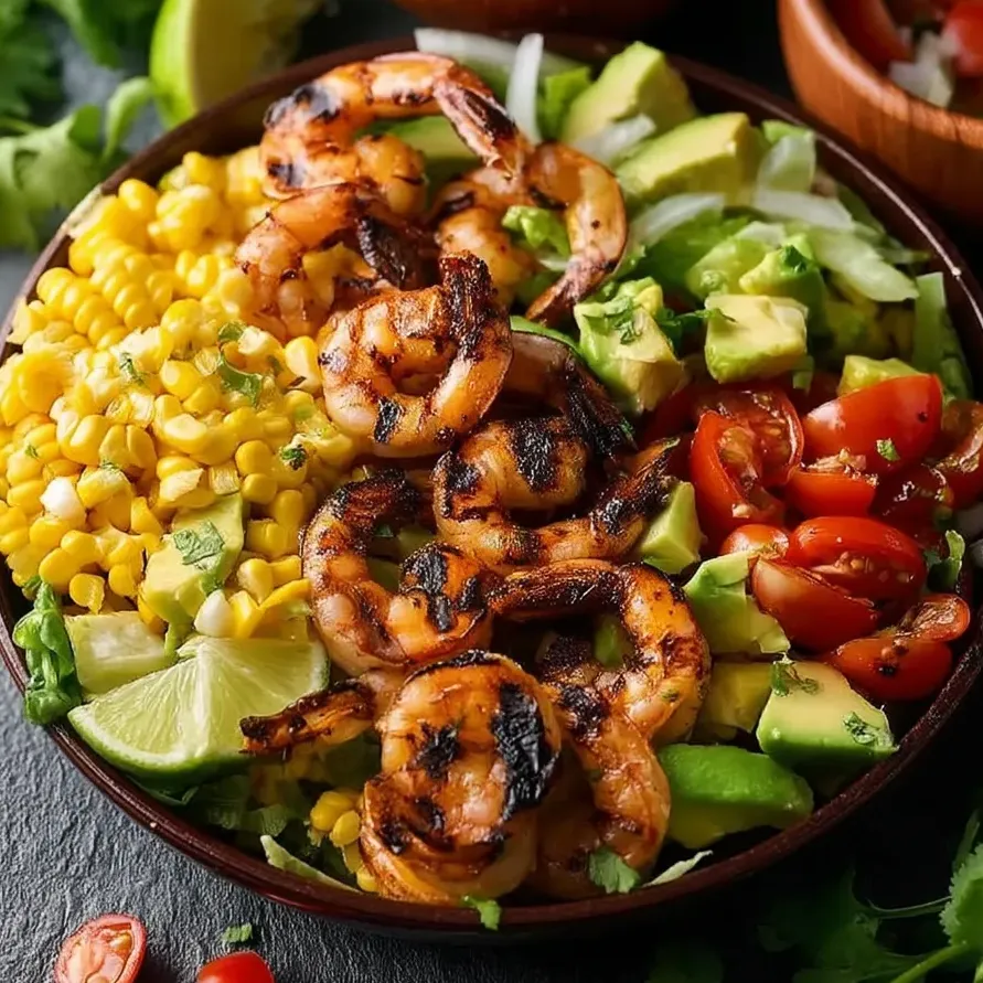 Un tazón de ensalada mexicana con camarones asados, maíz y aguacate.