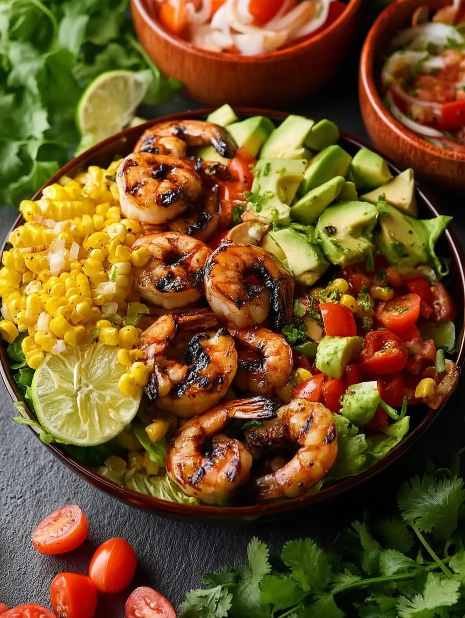 Un tazón de camarones mexicanos asados, maíz y aguacate.