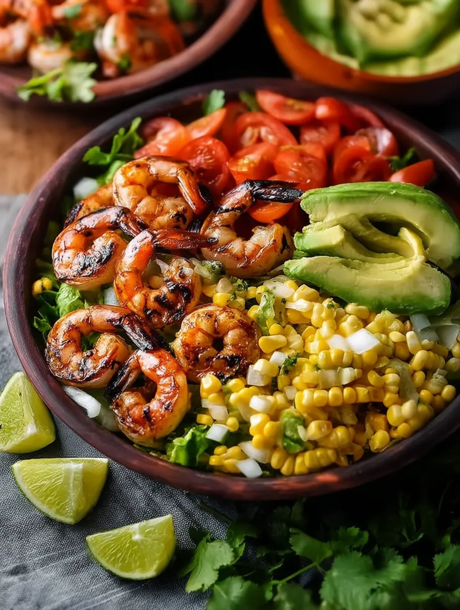 Un tazón de ensalada mexicana con camarones asados, maíz y aguacate.