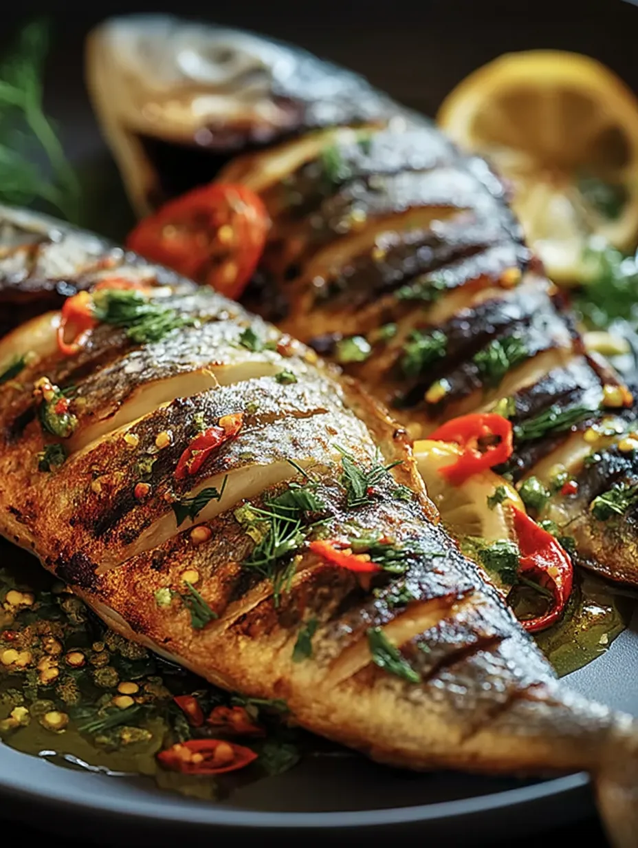 Pescado a la parrilla con tomates y pimientos.