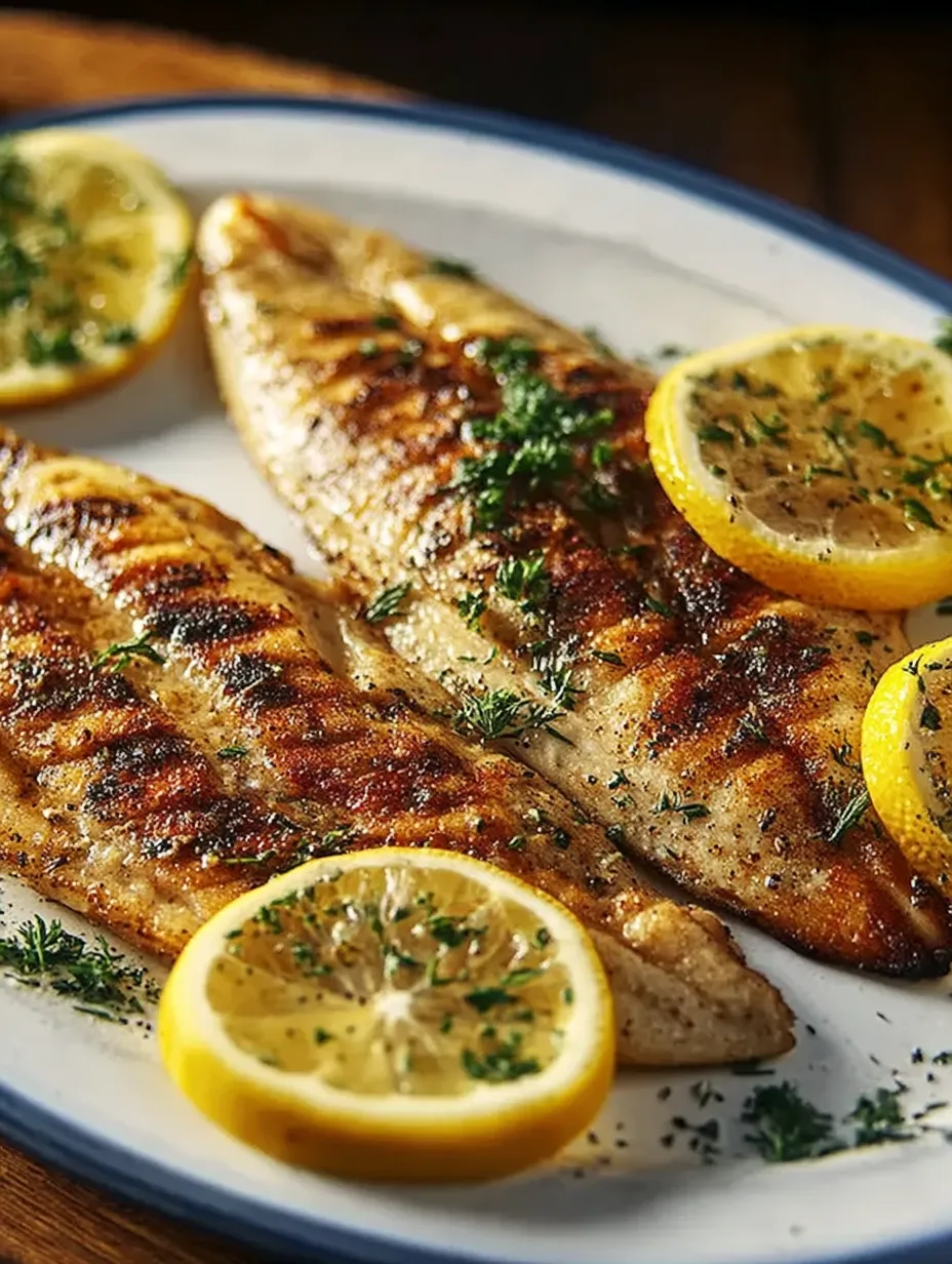 Un plato de pescado a la parrilla con limón y hierbas.