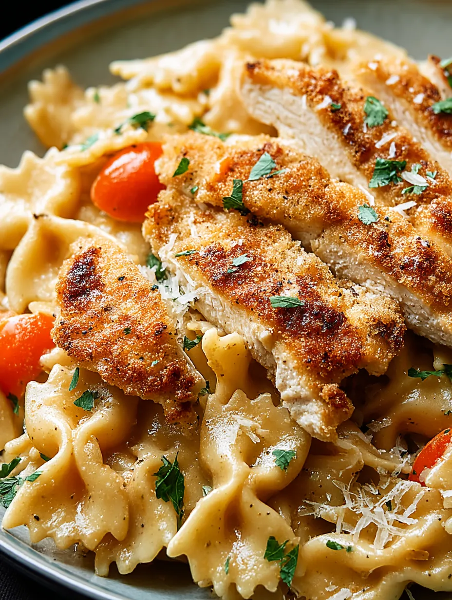 Un plato de pasta de pollo estilo Luisiana con tomates y queso.