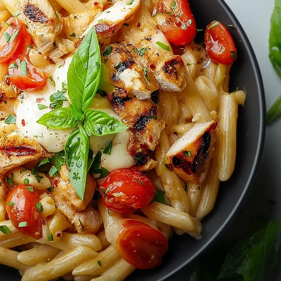 Un plato de pasta con pollo y mozzarella.