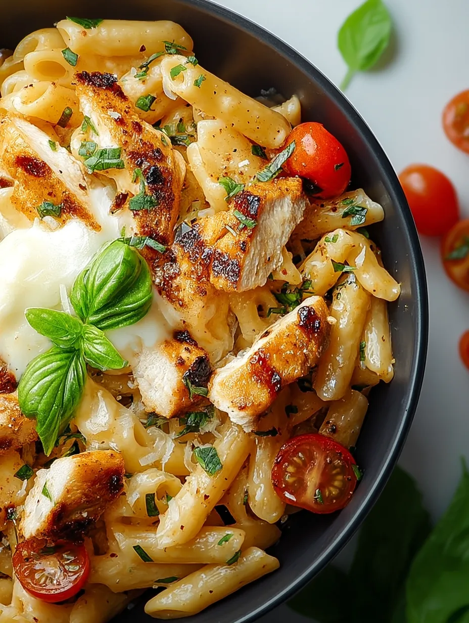 Un plato de pasta con pollo y mozzarella listo para servir.