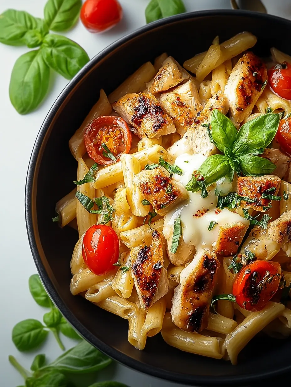 Un plato de pasta con pollo y mozzarella.