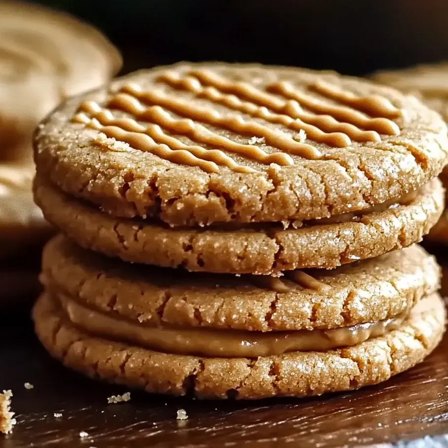 Galletas rellenas de mantequilla de cacahuete apiladas sobre una mesa.