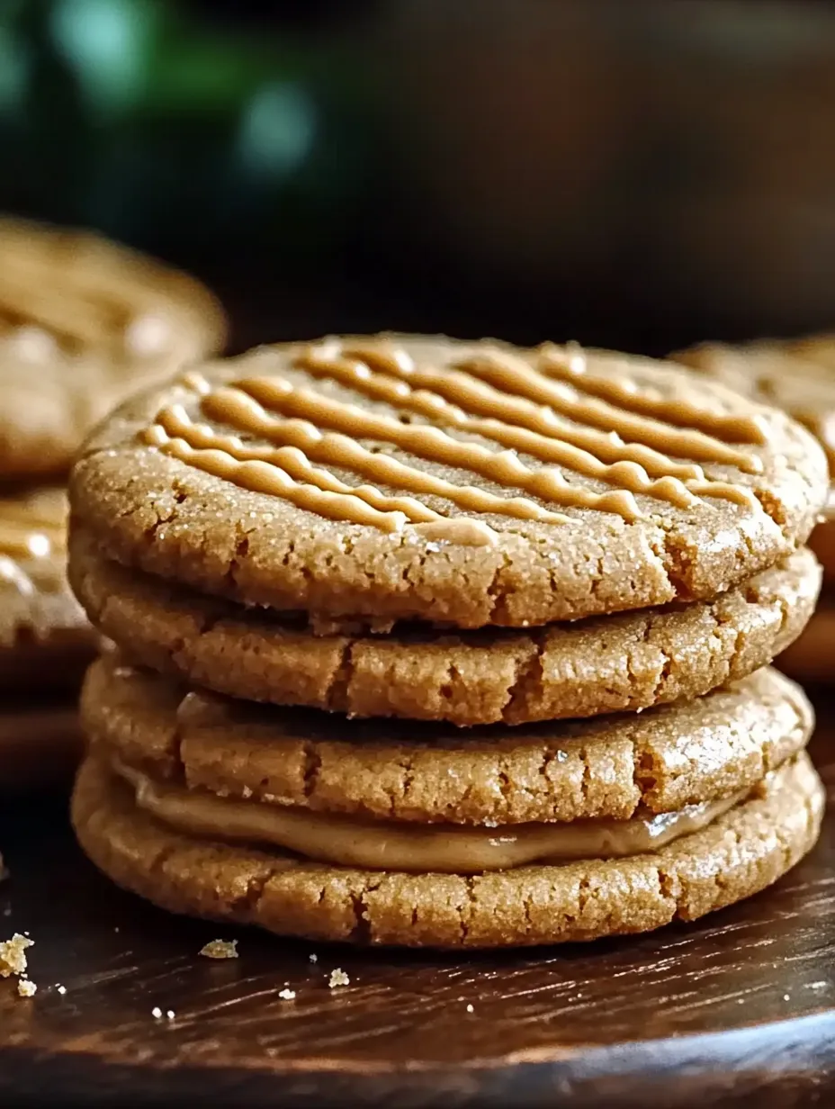 Galletas sándwich de mantequilla de cacahuete apiladas en una mesa.